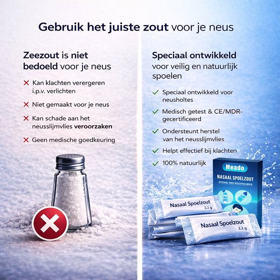 Gebruik het juiste zout voor je neus. Zeezout is niet bedoeld voor je neus. Meado speciaal ontwikkeld voor veilig en natuurlijk spoelen.