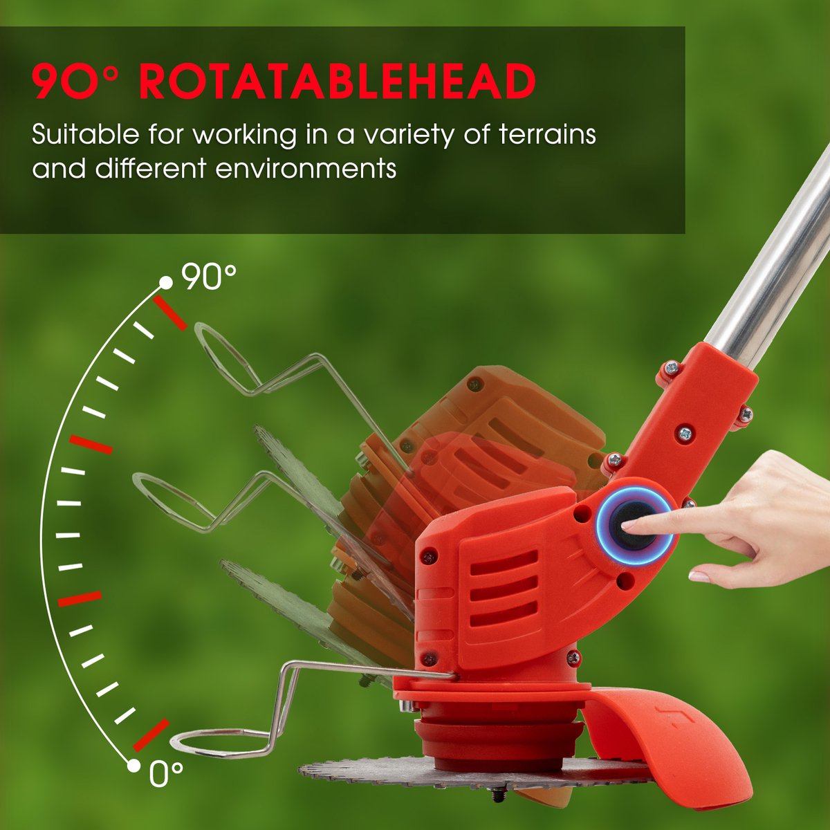 Accu grastrimmer met accu,OUTIGO opvouwbare grasmaaier, Draadloze grasmaaier, gazonkantentrimmer met 2 accu's 21V en 4 mestypen + 1 tuinschaar – foto 4