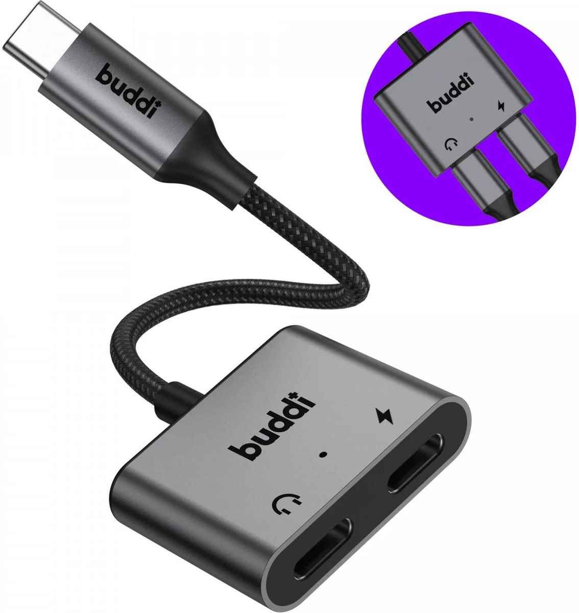 Buddi Ease | USB-C naar USB-C (Audio) en USB-C (Charging) Splitter | Dubbele USB-C Splitter | Adapter | USB-C Splitter | Converter | DAC Chip | Ondersteund 60W Power Delivery | Grijs