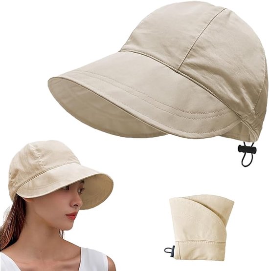 Beige hoed, ook gedragen door een vrouw, en opgevouwen.