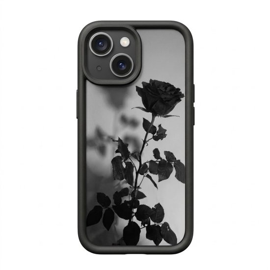 Zwart transparant iPhone hoesje met een gedetailleerde print van een roos en bladeren op een grijze achtergrond.