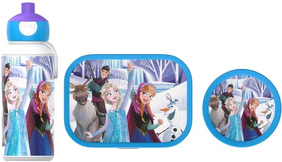 Ensemble repas Frozen violet et bleu avec une gourde, une boîte à lunch bento et une boîte à snack ronde avec Elsa, Anna, Olaf et Sven.