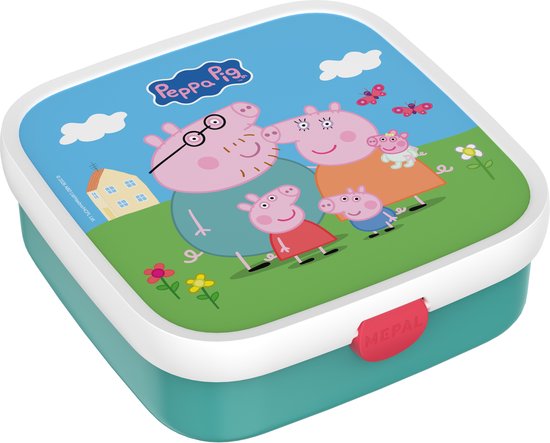Boîte à lunch Mepal verte avec Peppa Pig et sa famille sur le couvercle.