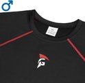 T-shirt de sport noir avec coutures rouges et logo FG sur la poitrine. Étiquette taille M visible.