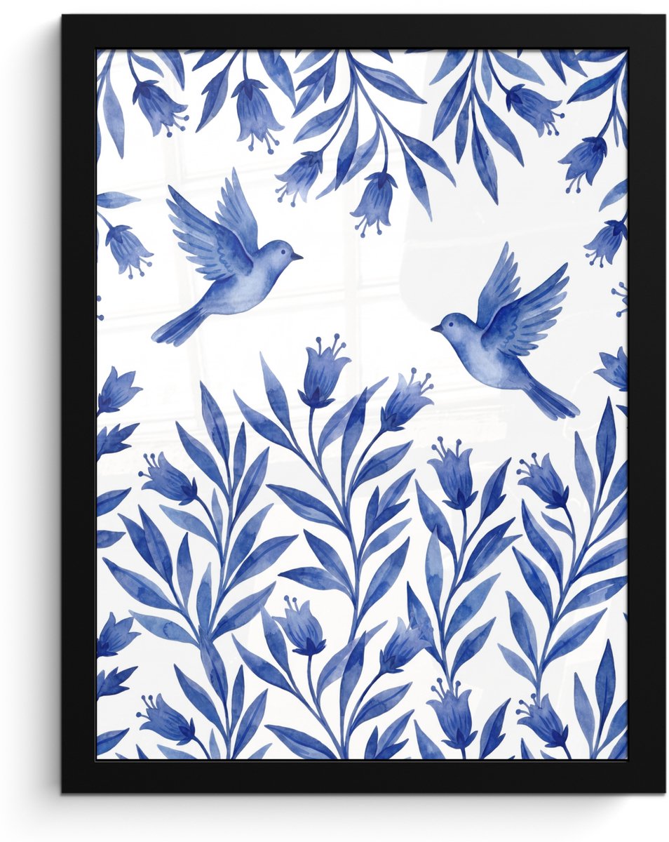 FrameYourWall Poster in lijst - Fotolijst 30x40 cm - Posters - Modern - Vogels - Delfts - Blauw - Posterlijst zwart - Decoratie - Wanddecoratie woonkamer - Muurdecoratie slaapkamer