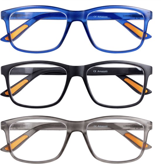 Amazotti Amalfi Lunettes de lecture +1.75 – Lot de 3 Lunettes de lecture Premium Milano - Charnières à ressort et coussinets de confort – Légères et grands verres – Design italien – Femmes et hommes – Coupe universelle - Bleu Gris Noir