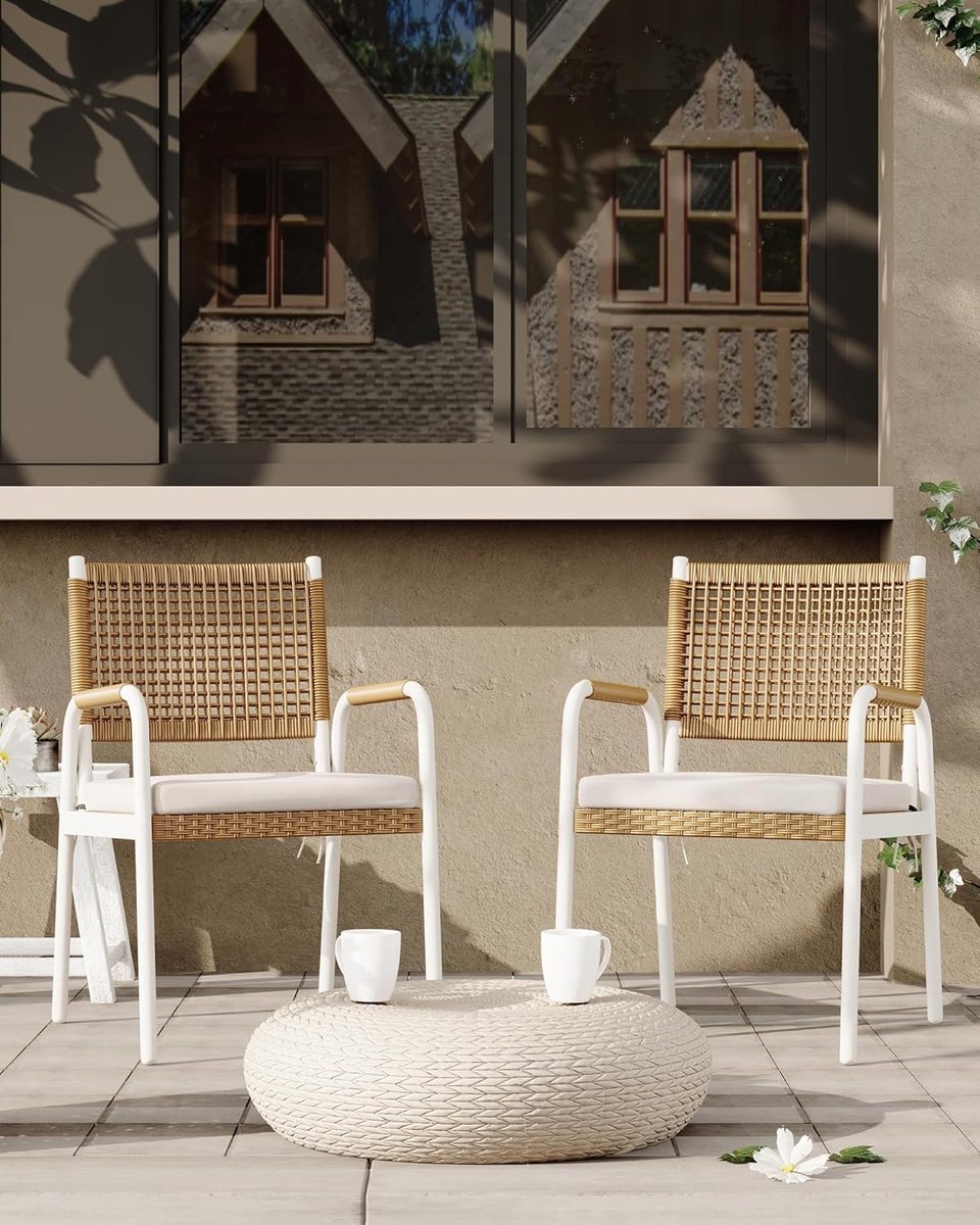 Set van 2 Tuinstoelen inclusief Kussens - Rotan Wicker Balkonstoelen met Metalen Frame - Weerbestendig - Wit & Bruin – foto 7