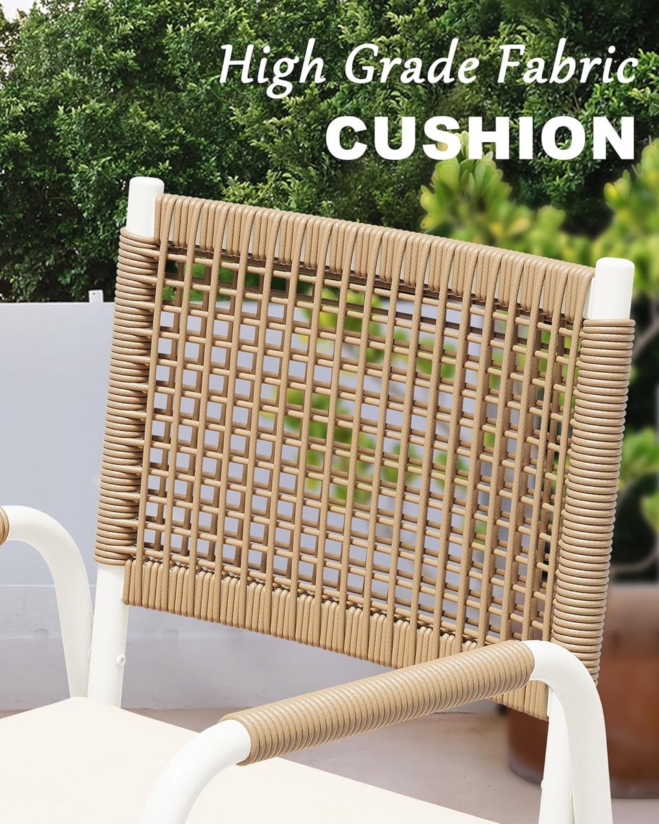 Set van 2 Tuinstoelen inclusief Kussens - Rotan Wicker Balkonstoelen met Metalen Frame - Weerbestendig - Wit & Bruin – foto 8