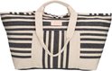 Grote XL strandtas met beige basis en zwart gestreepte patronen. Twee hengsels en een roze label met 'PE-Florence'.