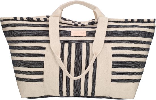 Grote XL strandtas met beige basis en zwart gestreepte patronen. Twee hengsels en een roze label met 'PE-Florence'.