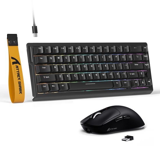 Zwart Attack Shark gamingtoetsenbord met RGB-verlichting, draadloze muis en gele keycap-trekker met USB-dongle.