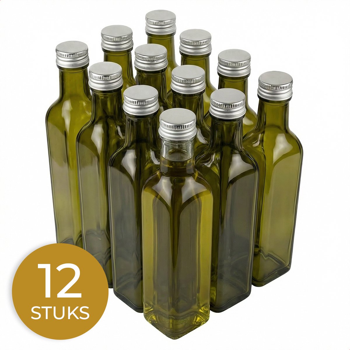 Glasverpakkingen® Oliefles - 12 Stuks - Glazen Flesjes met Zilveren Schroefdop - 250 ml - Azijnfles - Sausfles - Dressing - Likeurfles