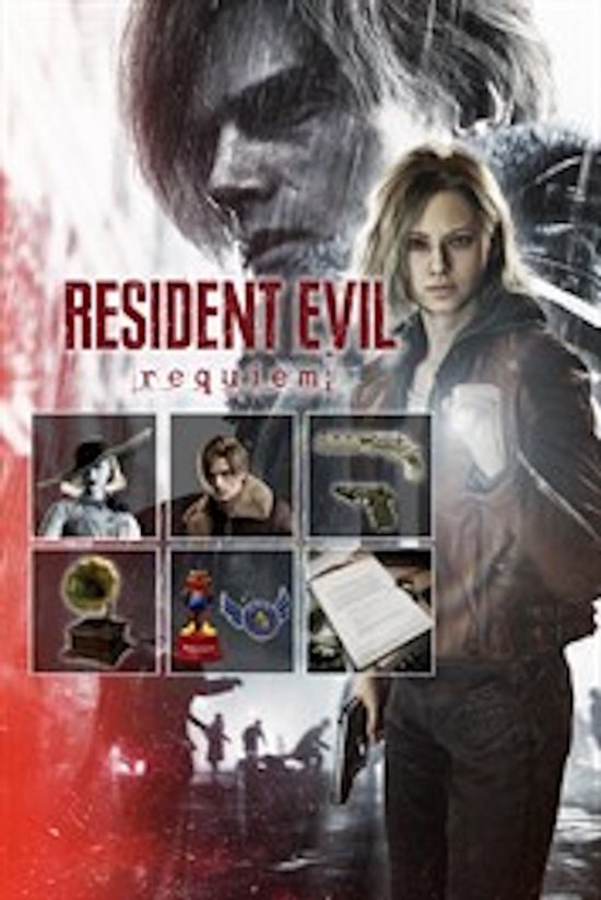 De cover van Resident Evil Requiem toont Leon S. Kennedy en Ashley Graham, met insets van game-items en een gedetailleerde afbeelding van Ashley.