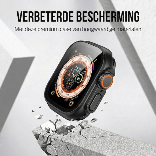 Zwarte Apple Watch Ultra 49mm hoes die een iPhone Watch uit een rots breekt.