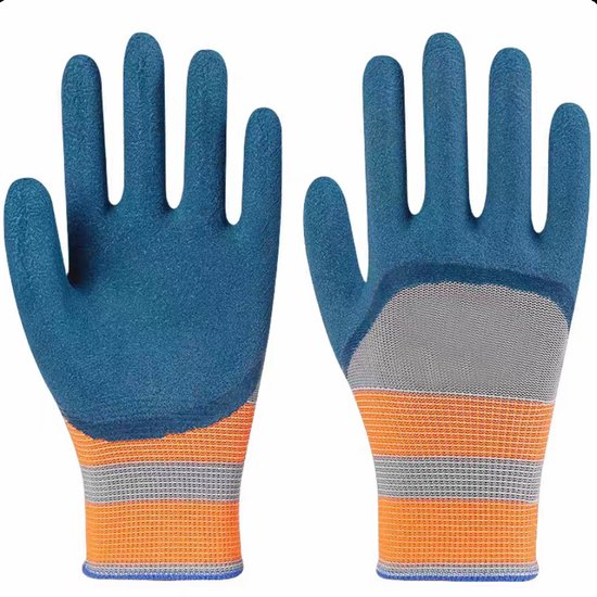 Paar blauwe werkhandschoenen met oranje en grijze gestreepte manchetten, gezien van de voorkant en achterkant.