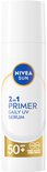 Een witte NIVEA SUN 2in1 PRIMER DAILY UV SERUM fles met pompdispenser, SPF 50+, "TRÈS HAUTE", "BESCHERMT TEGEN VROEGTUIDIGE HUIDVEROUDERING".