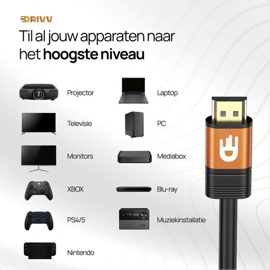 Drivv. Premium HDMI Kabel 2.1 - Ultra HD - 8K 60Hz - 4K 120Hz - Geschikt voor gameconsoles - HDMI-kabels - 2 meter - Oranje