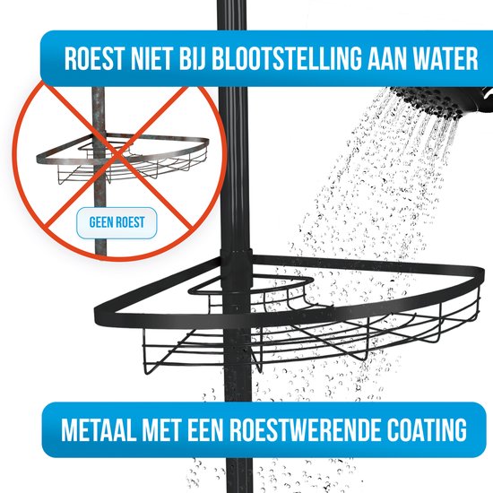 Strex Telescopisch Doucherek Zwart - Verstelbaar 70-275 cm - 4 Mandjes - Robuuste Kwaliteit - Bevestigen zonder Boren of Schroeven - Telescopisch Douche Rek Hoek