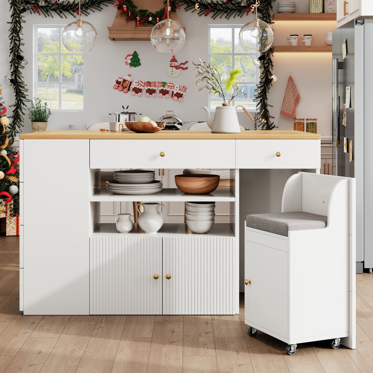 Wishdor Keukeneiland - Met 6 Laden En Opberghocker - Tijdloos - Voor Woonkeuken - MDF En Metaal - Wit - 140 X 40(70) X 89 Cm