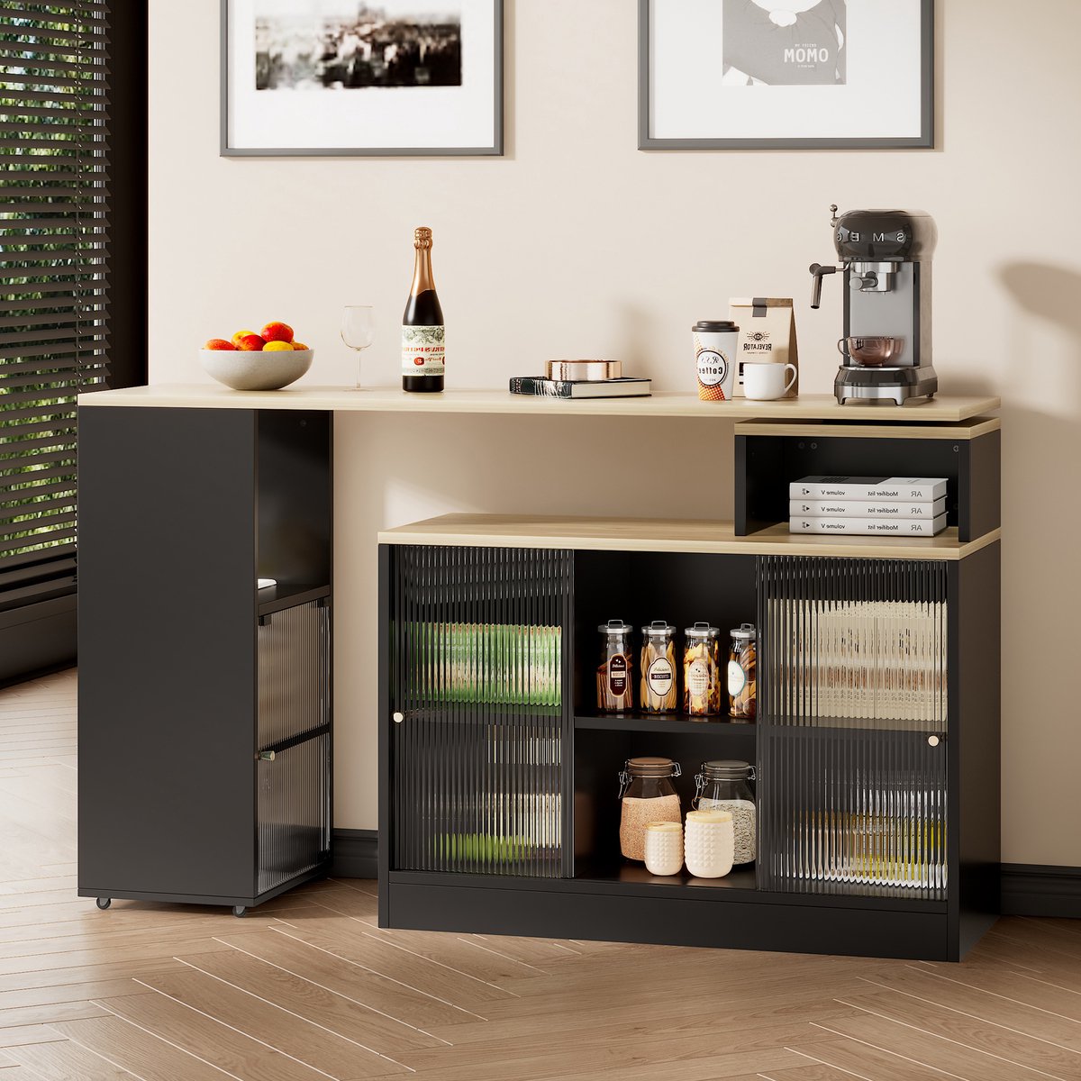 Wishdor - Uitschuifbare Bartafel Met Opbergruimte - Draaibaar En Verstelbaar - Modern - MDF En Glas - Zwart