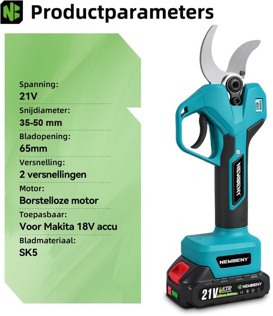 NewBeny Elektrische Snoeischaar - 50mm Snijdiameter - Accu Snoeischaar - met 2 Accu’s - Borstelloze Takkenschaar - Voor Boomgaard, Tuin, Boerderij, Park, Tuinieren van Merkloos	 — afbeelding 3