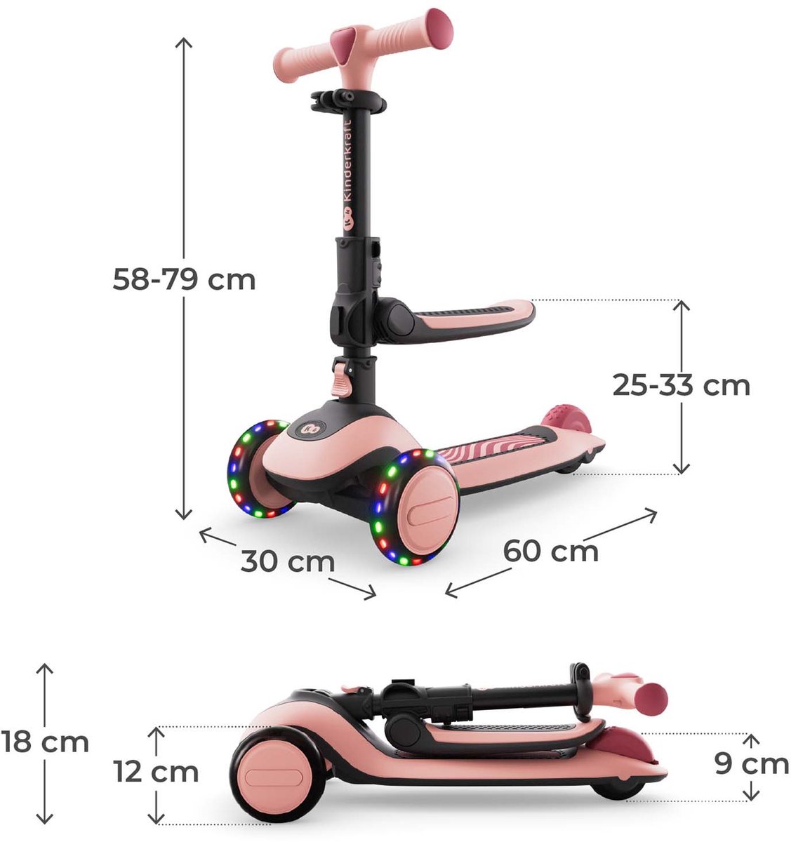 Kinderkraft HALLEY 2 2-in-1 Loopfiets en Driewieler Step - Voor Kinderen van 1-5 Jaar, Max 50 kg - Verstelbaar Zadel en Stuur, Opvouwbaar, LED Wielen - Roze thumbnail 6