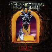 Testament: The Legacy album cover. Een gehoornd schedel met bloed dat uit de mond druipt, boven een open boek. De tekst 'TESTAMENT' en 'THE LEGACY' staan op de hoes.