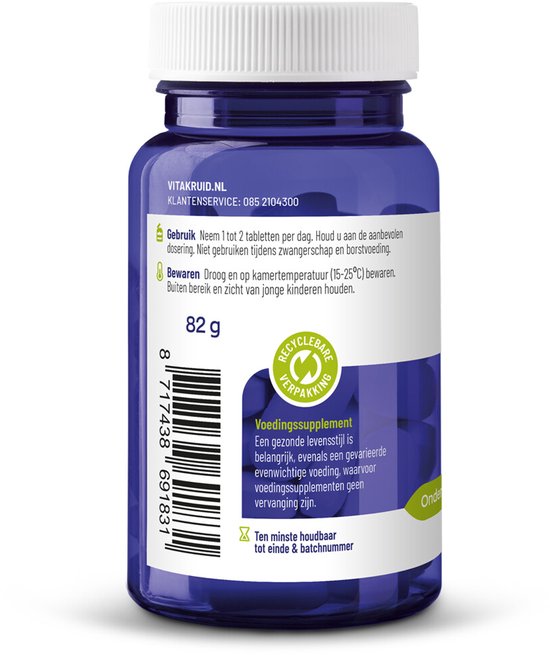Achterkant van Vitakruid Femme pot met 82g voedingssupplement. Beschrijving en recyclebare verpakking logo.
