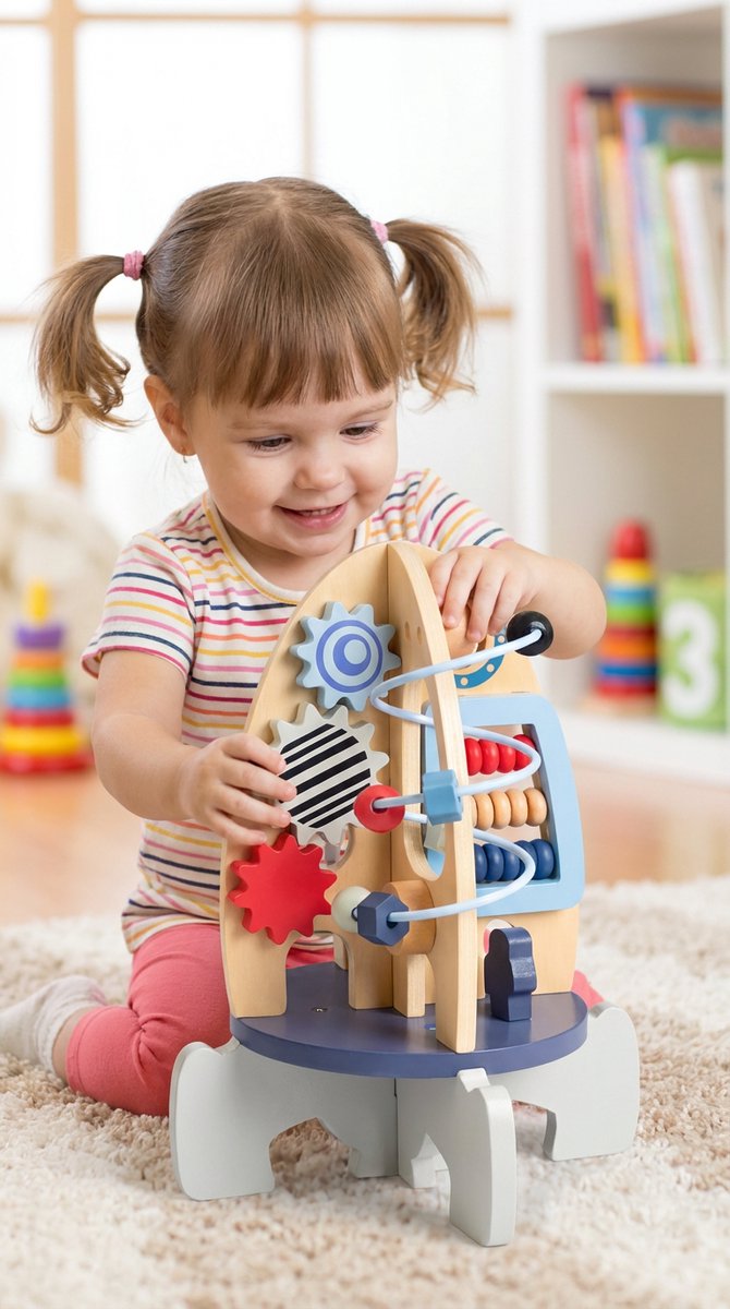 Houten Montessori Speelgoed Raket - 5-in-1 Activiteitenkubus - Motoriek & Vormenspel - Educatief Speelgoed 1-3 Jaar - Jongens & Meisjes van Houten — afbeelding 2