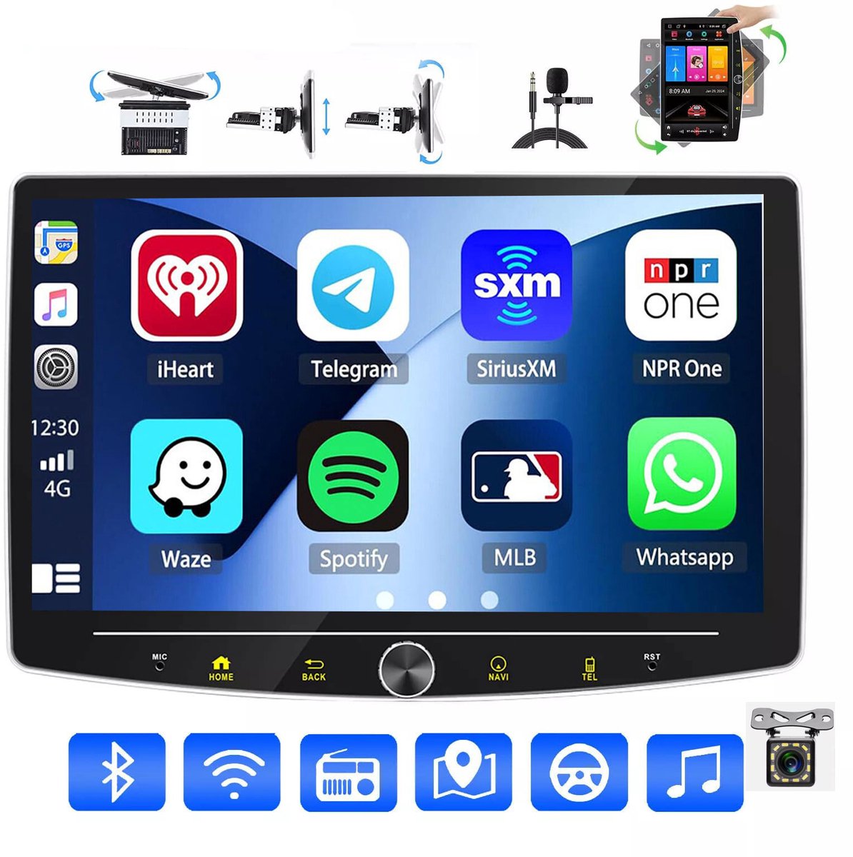 ESSGOO 1DIN Autoradio auto met 10,1 Inch 360° draaibaar scherm - autoradio geschikt voor CarPlay en Android auto - Android 15 4 + 64 GB - Bluetooth FM RDS - multimediaspeler - 12LED-achteruitrijcamera - microfoon