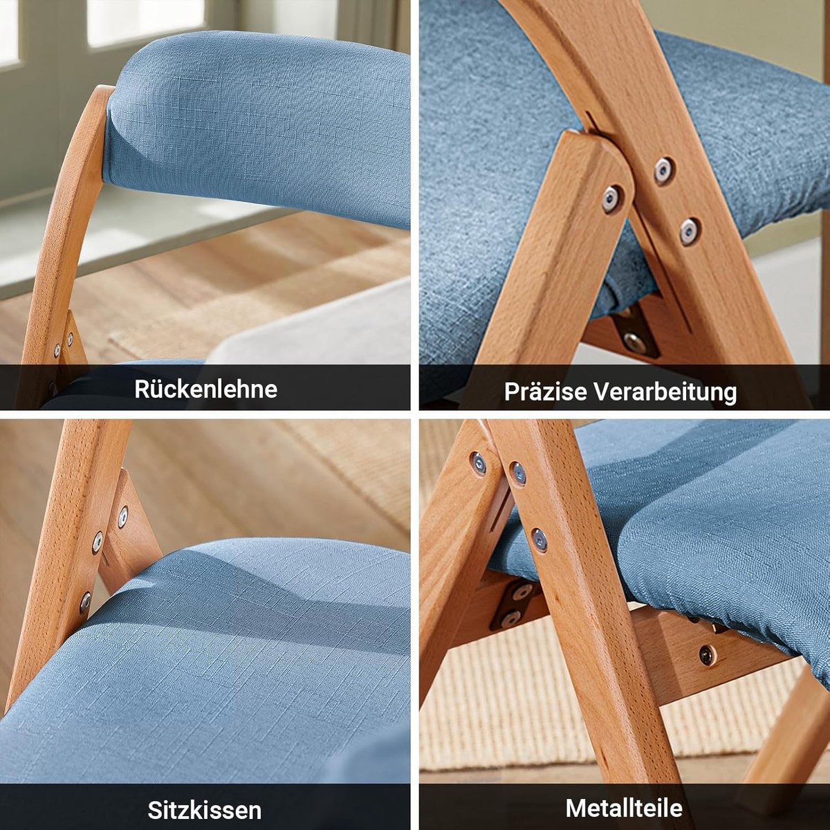 Klapstoel Set van 2 – Opvouwbare Ergonomische Eetkamerstoel met Bekleding – Houten Beuken Stoel Ruimtebesparend – 47,5 x 77 x 59 cm – Blauw – Laura