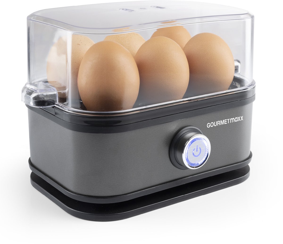 GOURMETmaxx eierkoker voor 6 eieren | Eierkoker met eierprikker in maatbeker | Eierkoker met 3 hardheidsgraden – voor elk ei de juiste | Design eierkoker antraciet, vaatwasmachinebestendige onderdelen