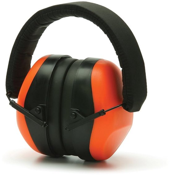 Oranje en zwarte gehoorbeschermende oorkappen met een verstelbare zwarte hoofdband.
