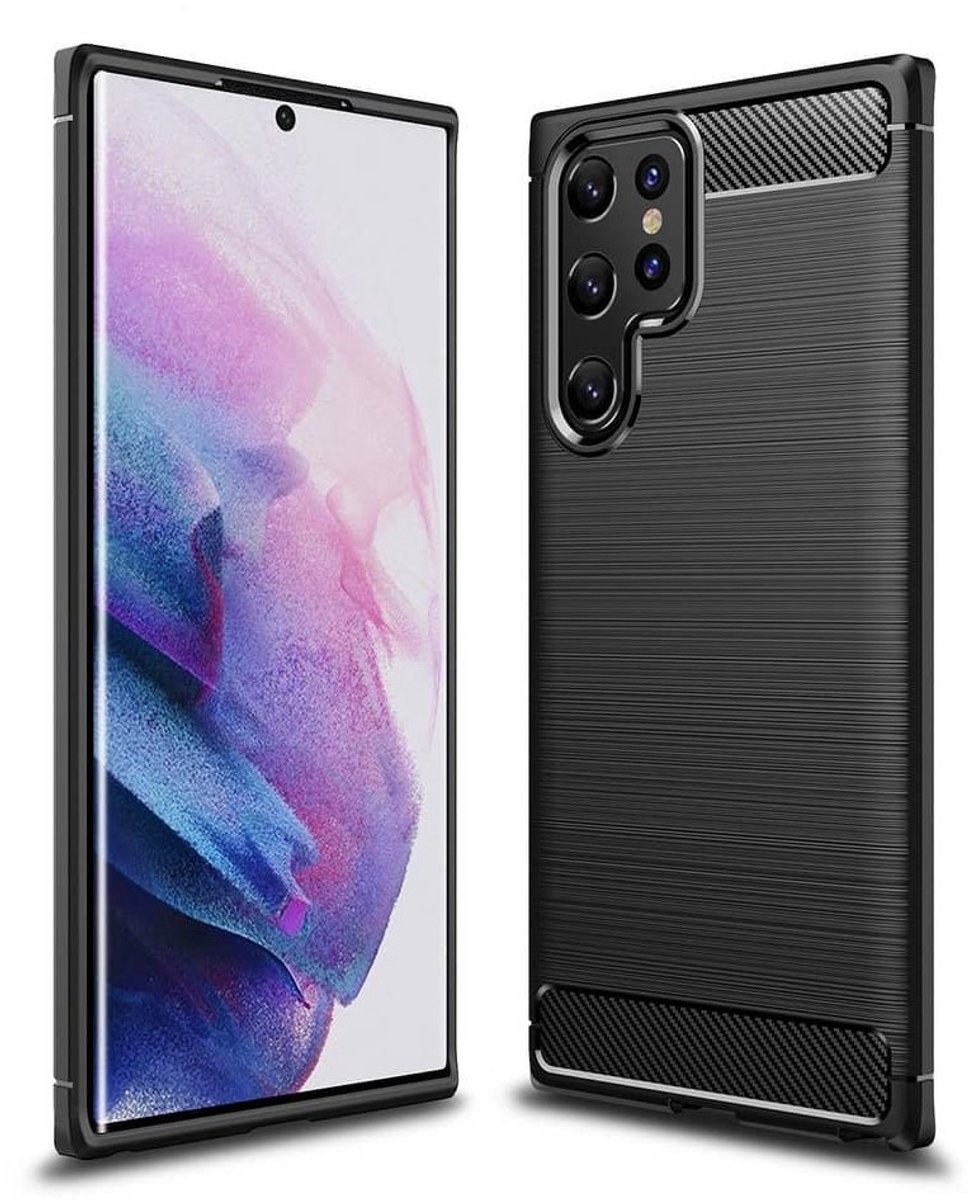 Hoes Geschikt voor Samsung S22 Ultra Hoesje Backcover Carbon Style Siliconen Case TPU Hoesje Zwart - Luxe Telefoonhoesje Wallet Case Pasjeshouder PU Leder