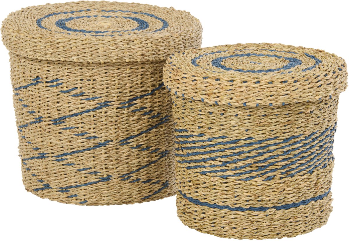 J-Line mand + deksel Gestreept - ijzer/papier - blauw/naturel - set van 2
