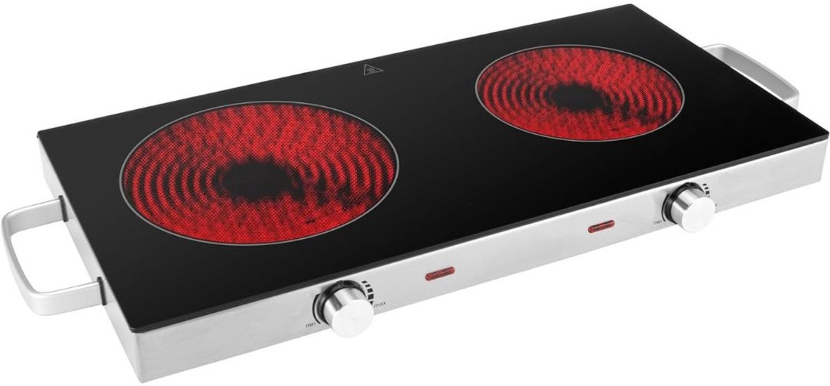 Zyrex® Elektrische Kookplaat 2 Pits - Elektrische Fornuis - Elektrische Kookplaat Vrijstaand - 2 Kookzones - Kinderslot - Zilver - 30cm x 64cm x 7cm