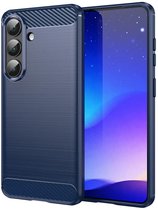 MobyDefend Hoesje - Geschikt voor Samsung Galaxy S26 - TPU Backcover - Geborstelde Metaal & Carbon-Look - Blauw