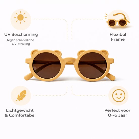 Kinderzonnebril met Berenoortjes - Rond - UV Bescherming - Flexibel - 0-6 Jaar - Okergeel van Merkloos — afbeelding 3