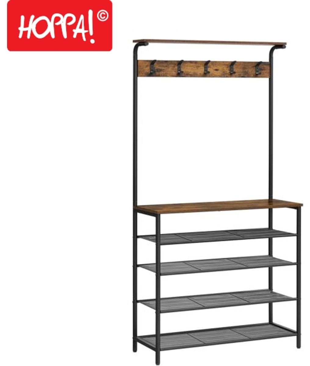 Hoppa! - Kapstok - 5 dubbele haken, 5 niveaus met plank - Bruin-zwart - 80 x 31,5 x 174 cm (B x D x H)