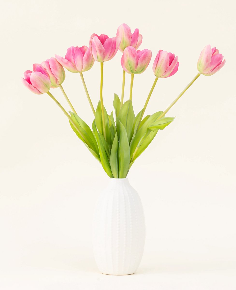 Easyplants | Zijden kunstbloemen boeket Franse Tulp roze | Zijde | Nepbloemen | Licht Roze, Groen, Peach | Onderhoudsvrij | Kant-en-klaar