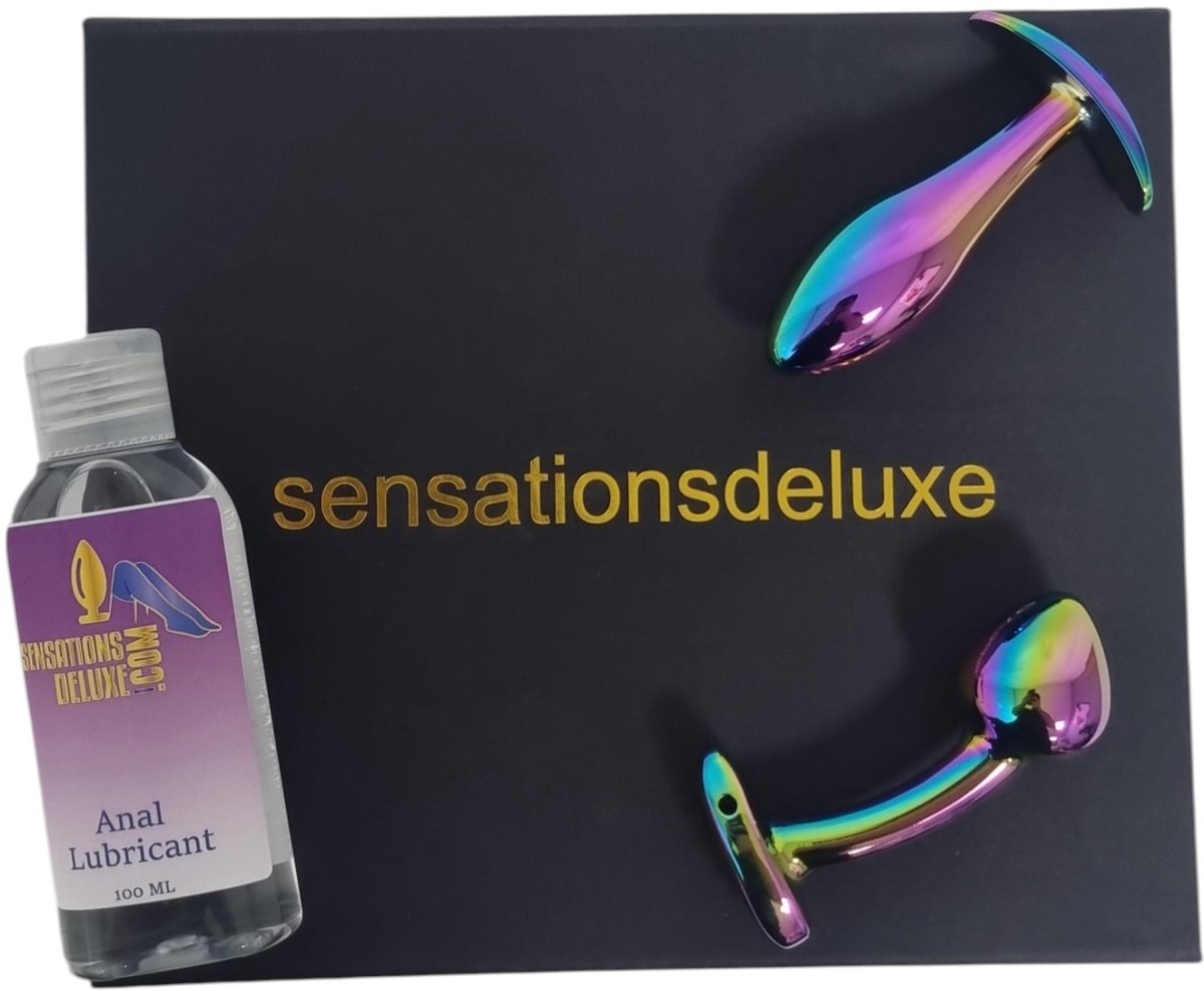 Sensationsdeluxe Anaal Box - 2 Metalen Butt plug Regen boog - Anaal Glijmiddel 100ml - butt plug zakje - Buttplug/trainerset - Koppelset