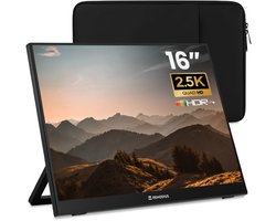 Remodius® Portable Monitor 16 Inch + Sleeve – Ultradunne 2.5K Draagbare Monitor – Reisdisplaybundel met Beschermhoes – USB-C & Mini HDMI – IPS Scherm, HDR, Ingebouwde Kickstand – Voor Laptop, Mac & Smartphone