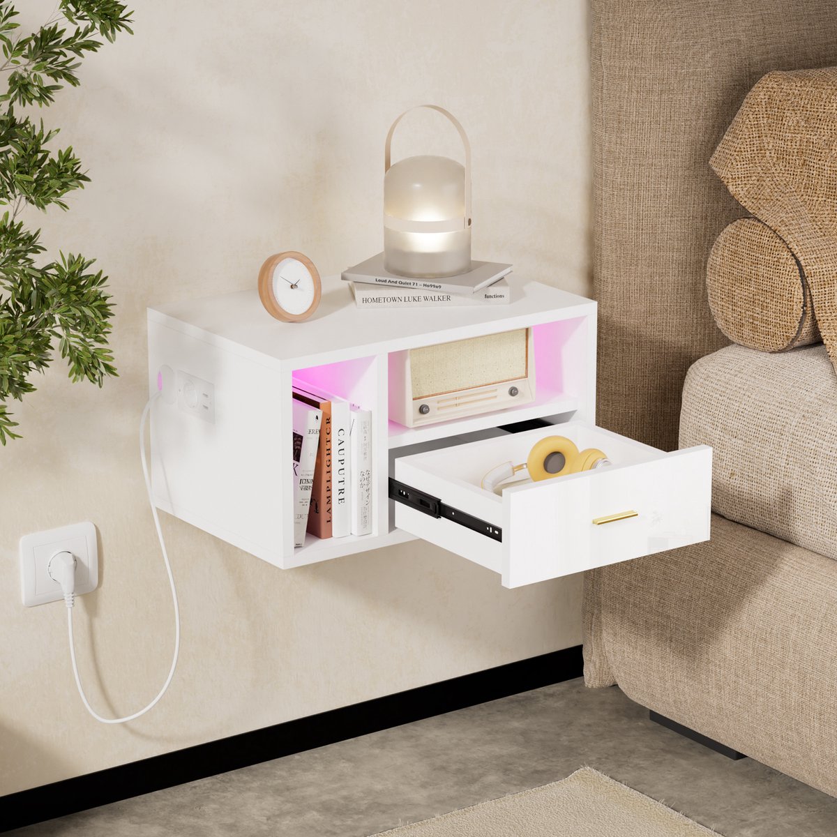 Nachtkastje - Wit nachtkastje - Nachtkastje met verlichting - Wandnachtkastje - Met 1 stopcontact en 2 USB-poorten - 46,5 cm x 30 cm x 25,5 cm (L x B x H)