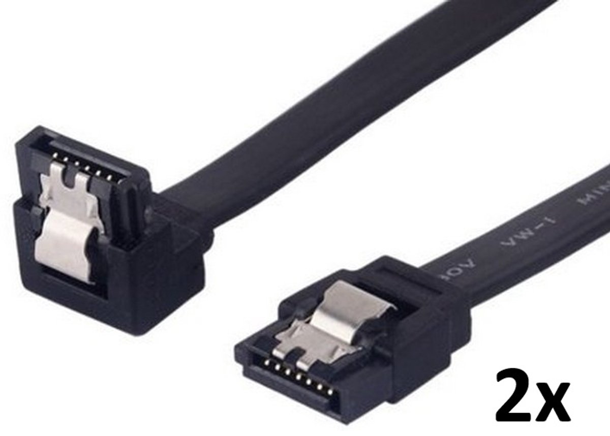 2x SATA III Data Kabel Intern PC / Computer - 6GB/s 50cm - 6G Datasnelheid - Aansluiten SSD, HDD of DVD Drive - 1x rechte kop, 1x Haakse kop - 7-Polig - Hongjixin - ZWART