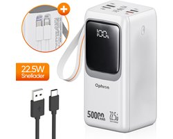 Ophion® Powerbank PRO 50.000 mAh – 7 Oplaadpoorten – Quick charge - Snellader 22.5 W voor USB-C, USB-A, Micro-USB - Inclusief Kabel – Noodpakket - Wit