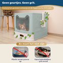 Lichtblauwe opvouwbare kattenbak met kat erin. Vergelijking met open kattenbakken.