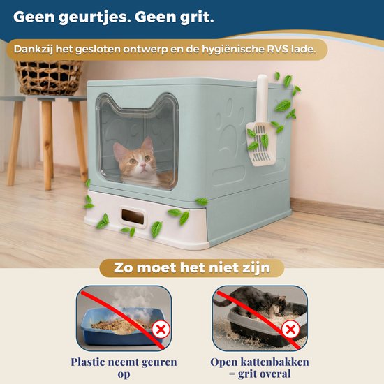 Lichtblauwe opvouwbare kattenbak met kat erin. Vergelijking met open kattenbakken.