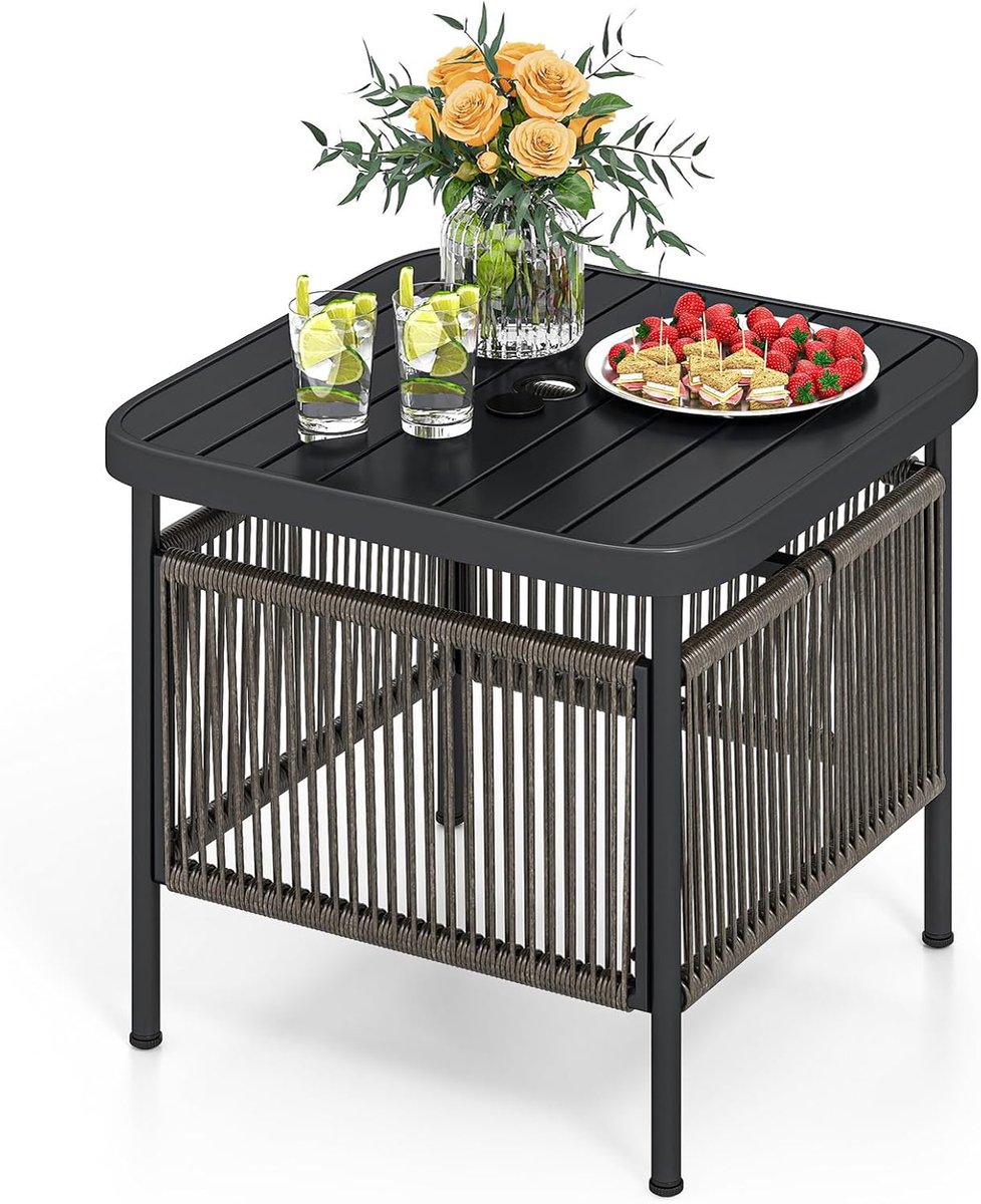 KOMFOTTEU Tuintafel - 56 × 56 × 49 cm - bijzettafel voor buiten - met parasolgat - Bistrotafel - kunststof - metaal - vierkant - voor balkon, terras en tuin