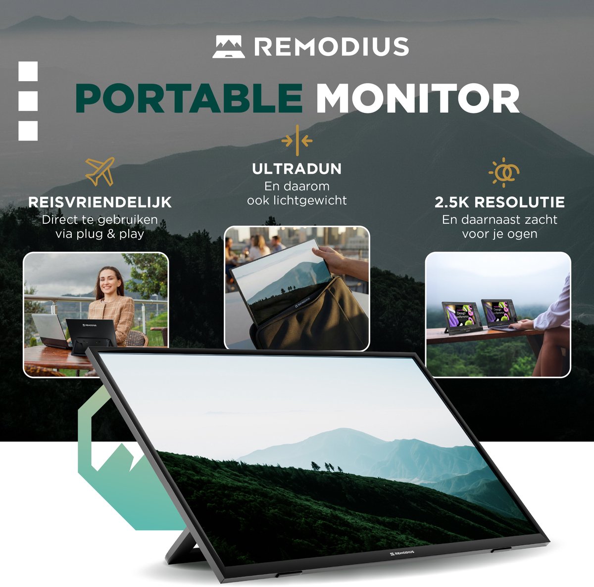 Draagbare 13 inch 2K monitor Remodius® met IPS scherm, USB-C, Mini HDMI, kickstand en beschermhoes sleeve - Afbeelding 3