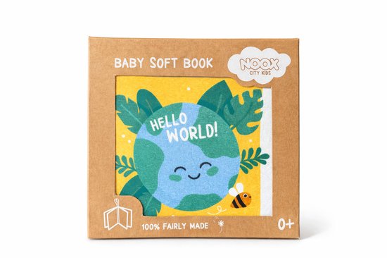 Zacht babyboekje 'Hello World' met een lachende aarde en een bij.